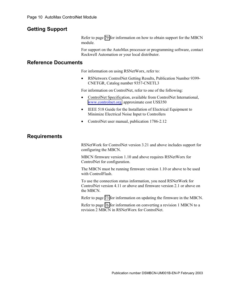 Getting support, Reference documents, Requirements | Requirements 10 | Rockwell Automation AutoMax ControlNet Communication Interface Module User Manual | Page 10 / 80