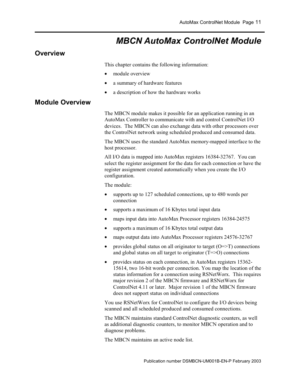 Mbcn automax controlnet module, Overview, Module overview | Rockwell Automation AutoMax ControlNet Communication Interface Module User Manual | Page 11 / 80