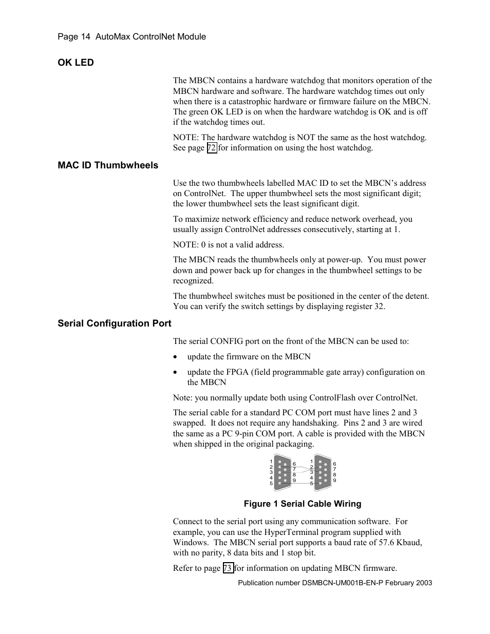 Ok led, Mac id thumbwheels, Serial configuration port | Figure 1 serial cable wiring | Rockwell Automation AutoMax ControlNet Communication Interface Module User Manual | Page 14 / 80