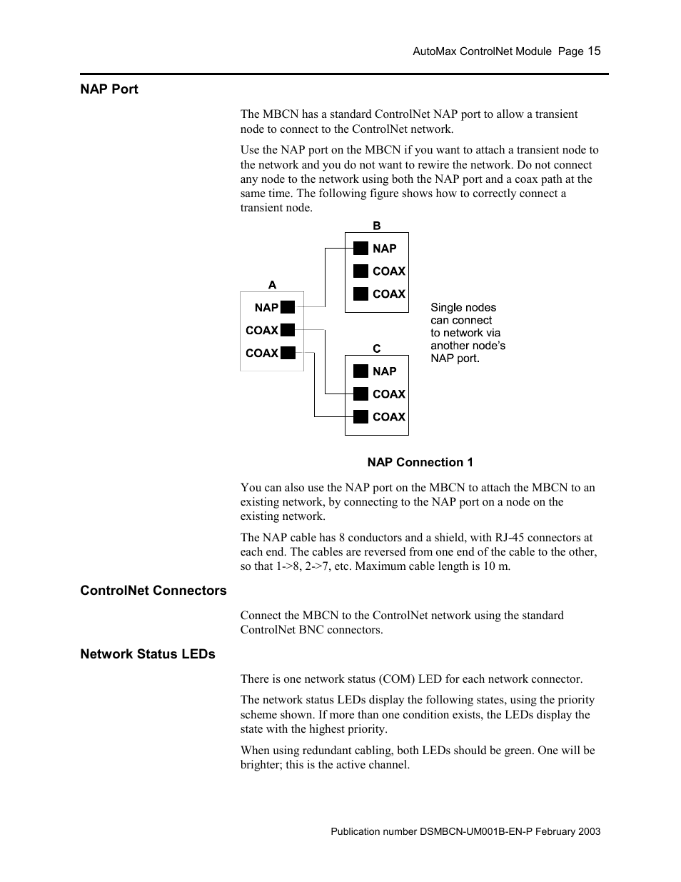 Nap port, Controlnet connectors, Network status leds | Rockwell Automation AutoMax ControlNet Communication Interface Module User Manual | Page 15 / 80