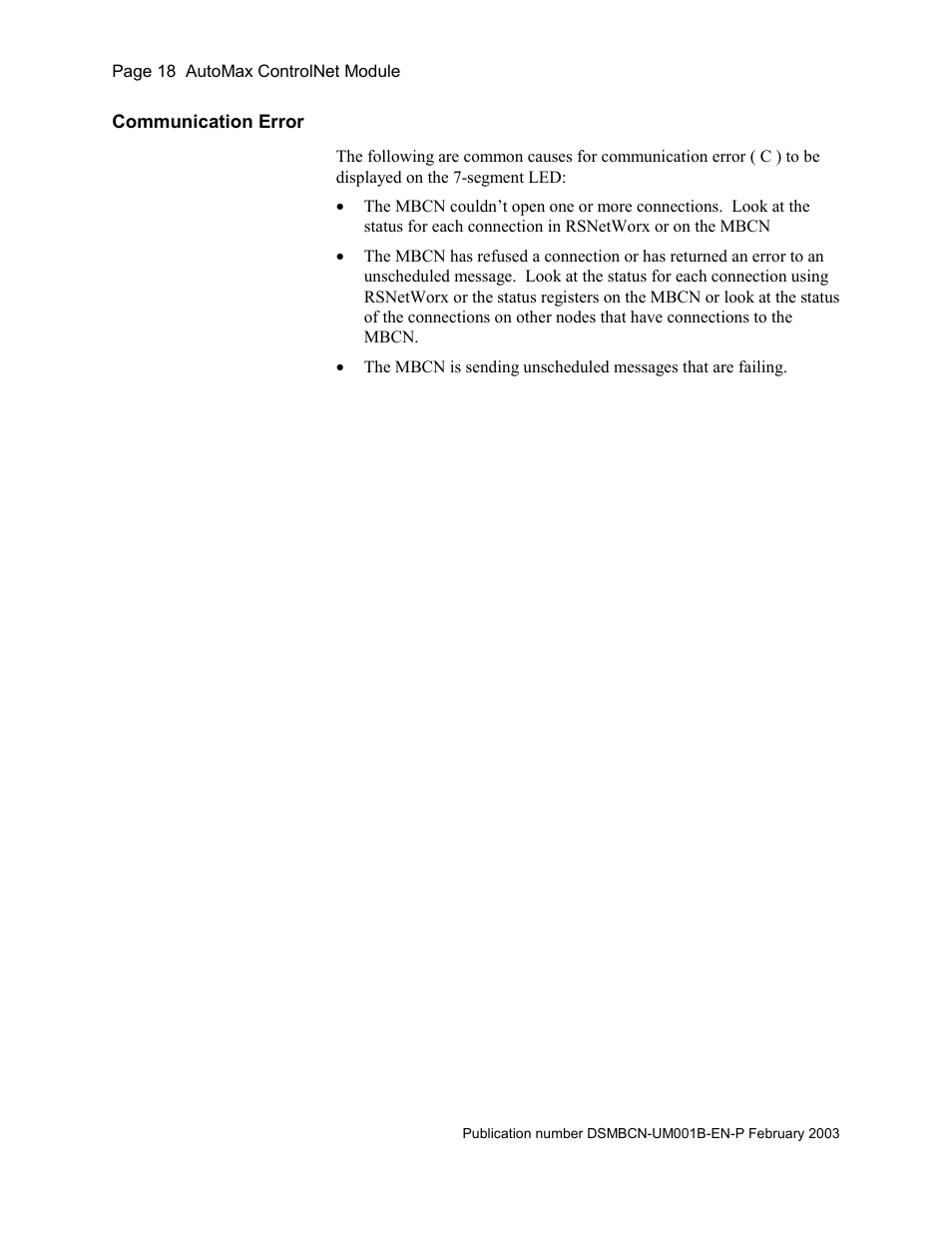 Communication error | Rockwell Automation AutoMax ControlNet Communication Interface Module User Manual | Page 18 / 80