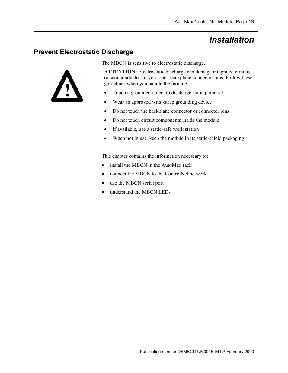 Installation, Prevent electrostatic discharge, Installation 19 | Rockwell Automation AutoMax ControlNet Communication Interface Module User Manual | Page 19 / 80