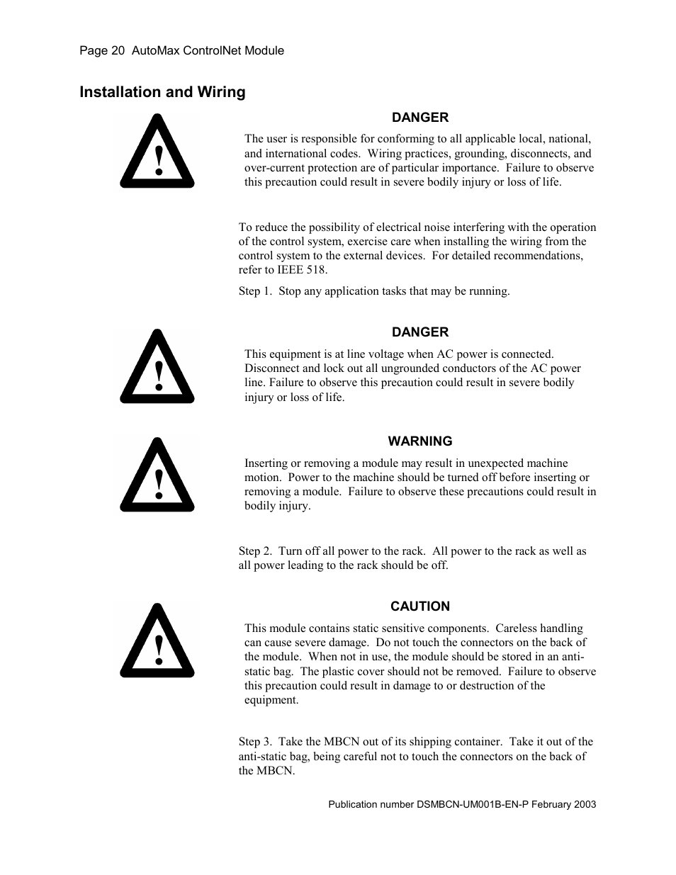 Installation and wiring | Rockwell Automation AutoMax ControlNet Communication Interface Module User Manual | Page 20 / 80