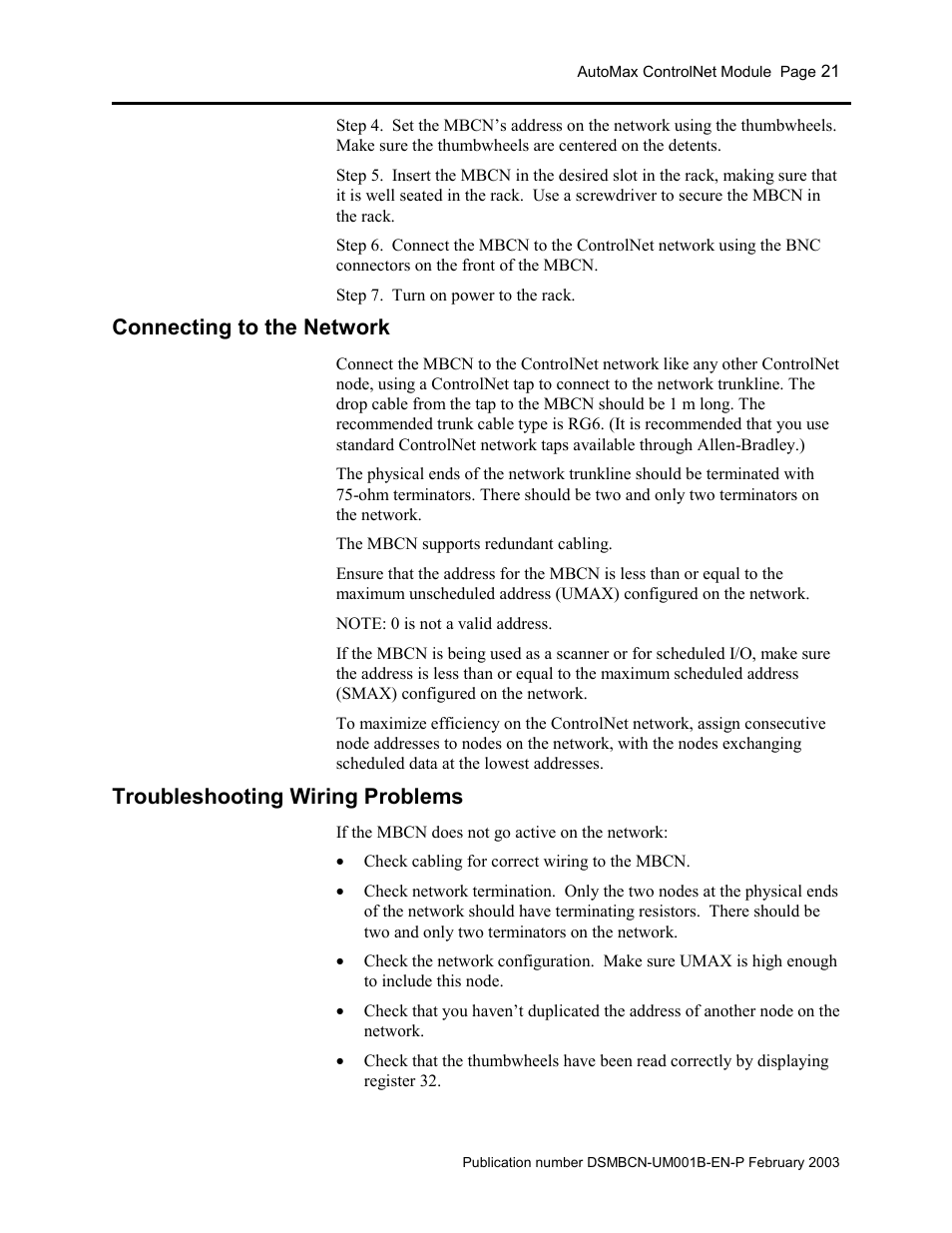 Connecting to the network, Troubleshooting wiring problems | Rockwell Automation AutoMax ControlNet Communication Interface Module User Manual | Page 21 / 80