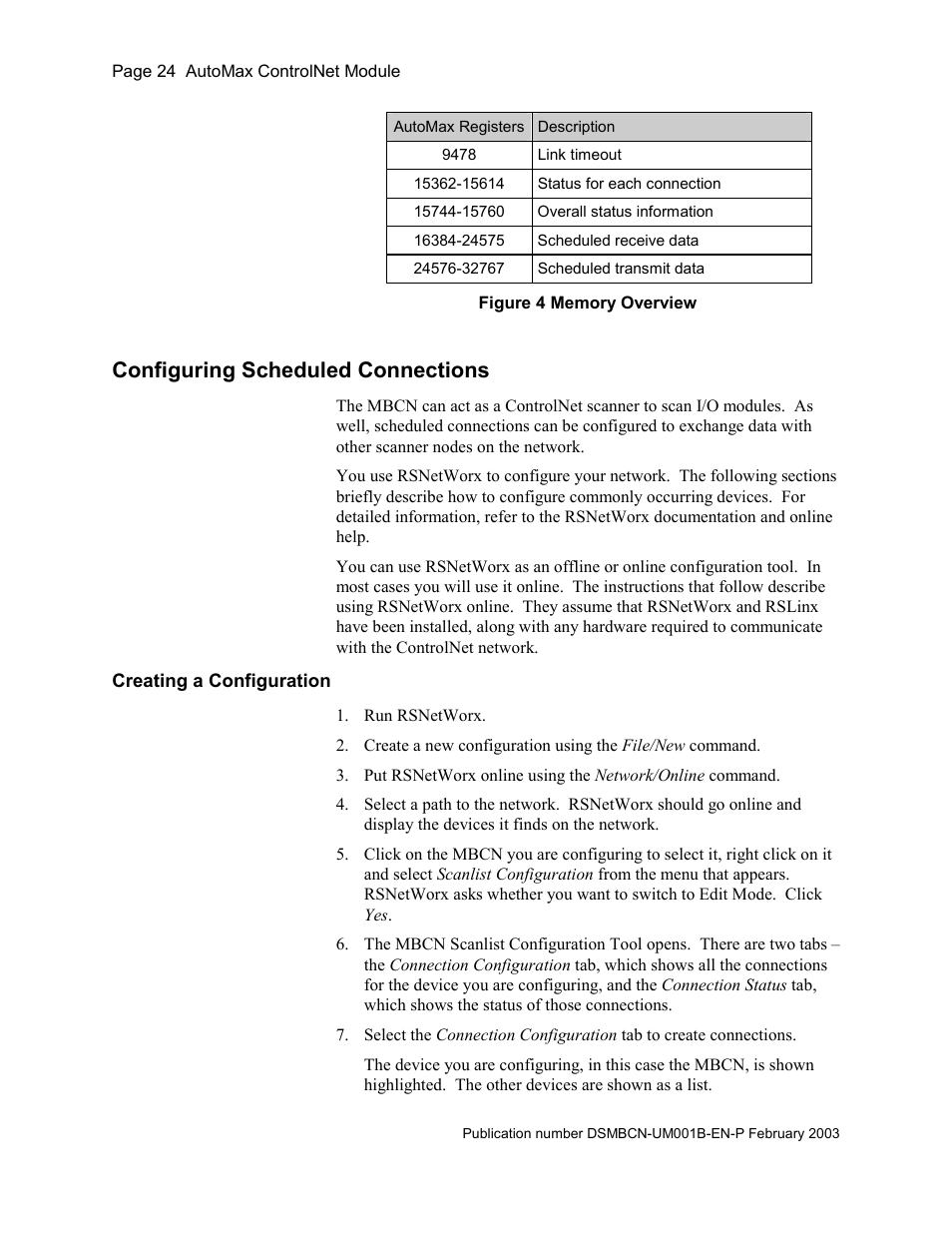 Configuring scheduled connections, Creating a configuration, Figure 4 memory overview | Rockwell Automation AutoMax ControlNet Communication Interface Module User Manual | Page 24 / 80