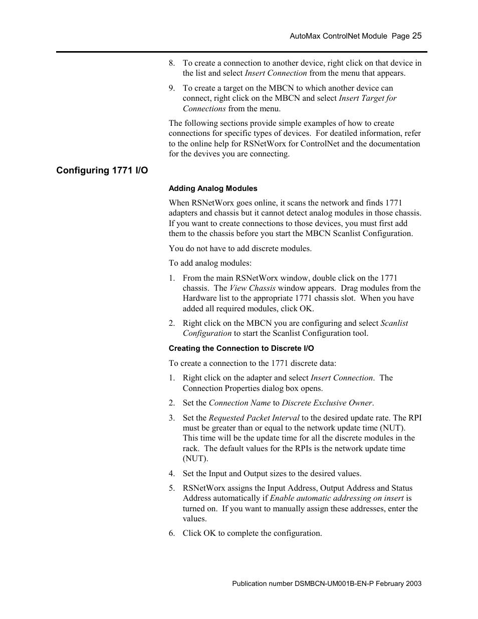 Configuring 1771 i/o | Rockwell Automation AutoMax ControlNet Communication Interface Module User Manual | Page 25 / 80