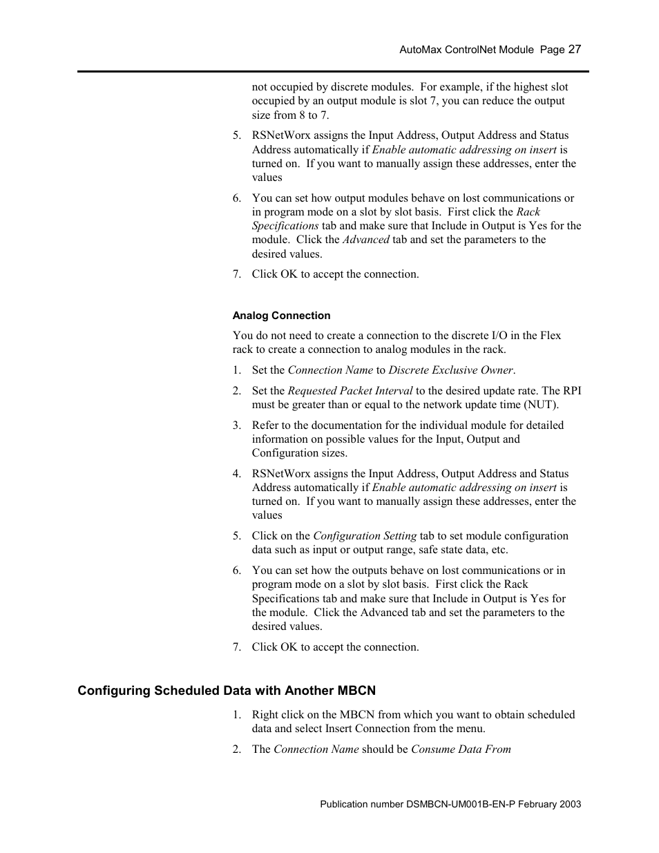 Configuring scheduled data with another mbcn | Rockwell Automation AutoMax ControlNet Communication Interface Module User Manual | Page 27 / 80