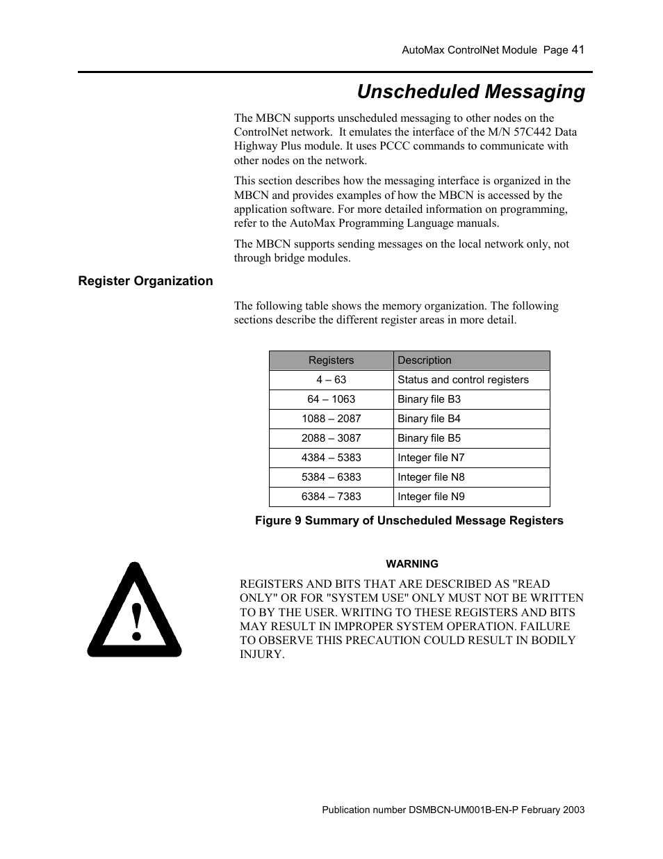 Unscheduled messaging, Register organization, Figure 9 summary of unscheduled message registers | Rockwell Automation AutoMax ControlNet Communication Interface Module User Manual | Page 41 / 80