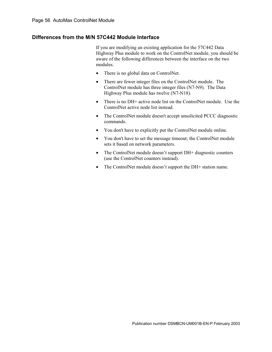 Differences from the m/n 57c442 module interface | Rockwell Automation AutoMax ControlNet Communication Interface Module User Manual | Page 56 / 80