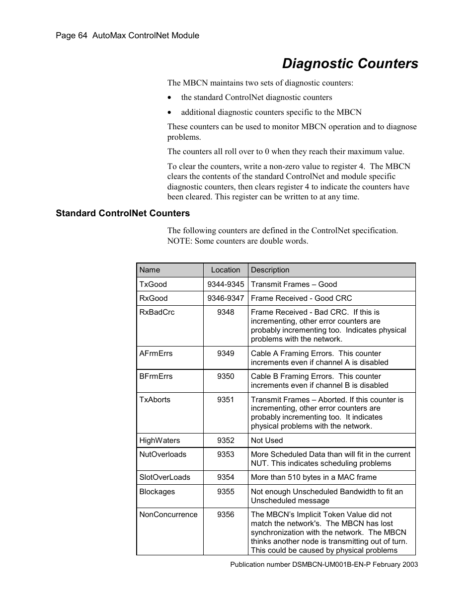 Diagnostic counters, Standard controlnet counters, Module specific counters | Figure 25 standard controlnet diagnostic counters | Rockwell Automation AutoMax ControlNet Communication Interface Module User Manual | Page 64 / 80