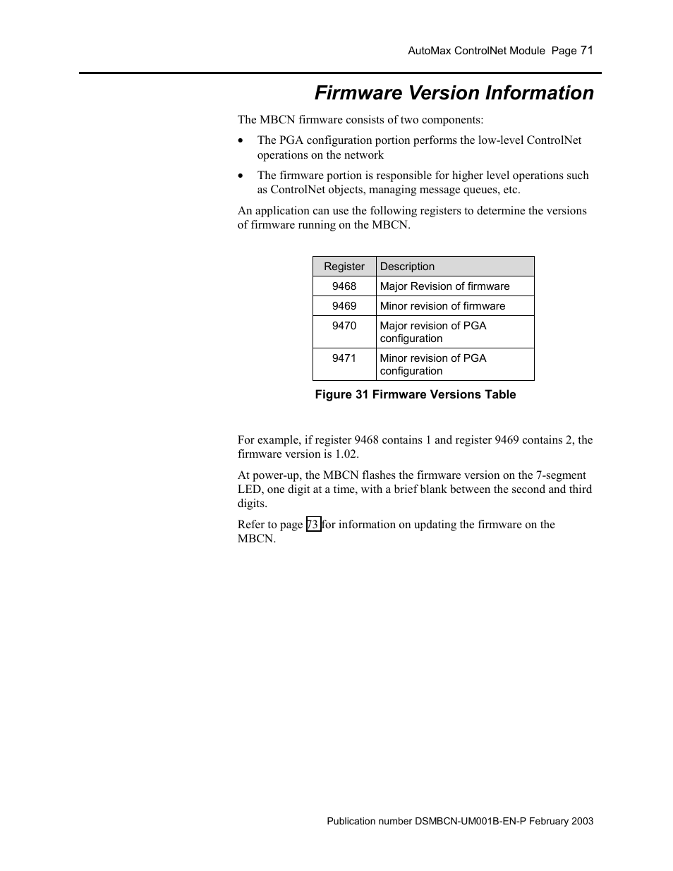 Firmware version information, Figure 31 firmware versions table | Rockwell Automation AutoMax ControlNet Communication Interface Module User Manual | Page 71 / 80