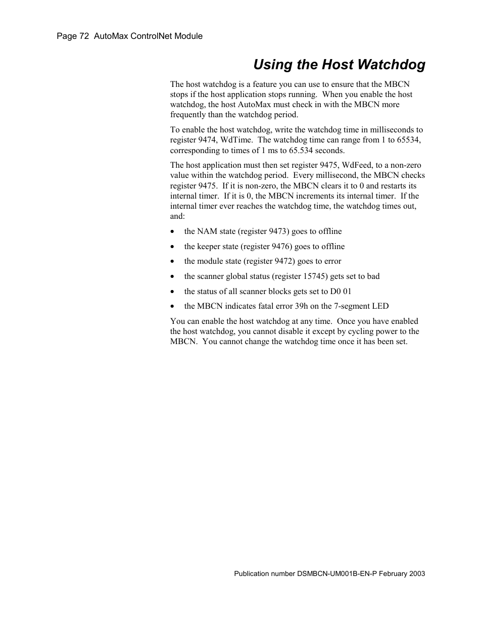 Using the host watchdog | Rockwell Automation AutoMax ControlNet Communication Interface Module User Manual | Page 72 / 80
