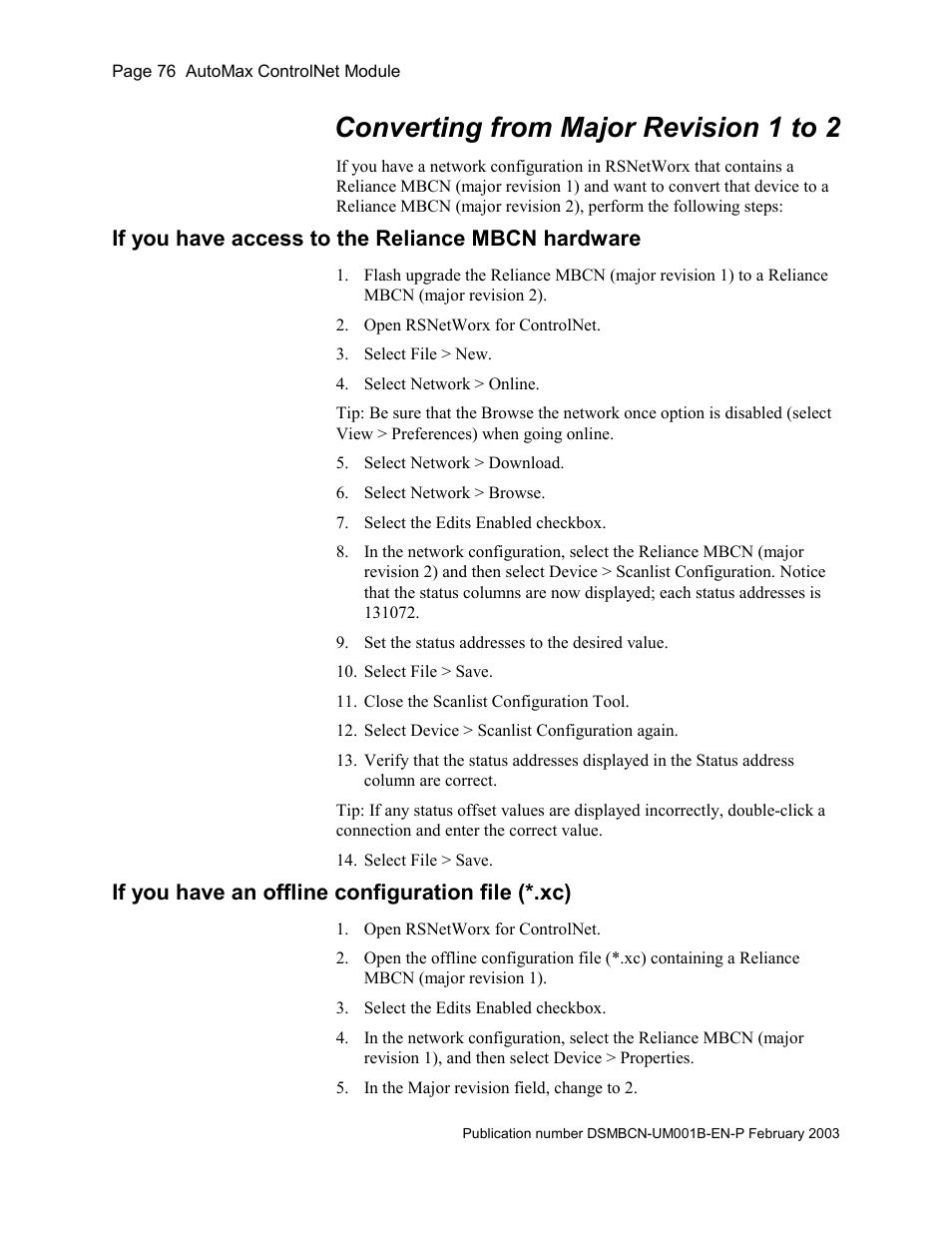 Converting from major revision 1 to 2, If you have access to the reliance mbcn hardware, If you have an offline configuration file (*.xc) | Rockwell Automation AutoMax ControlNet Communication Interface Module User Manual | Page 76 / 80
