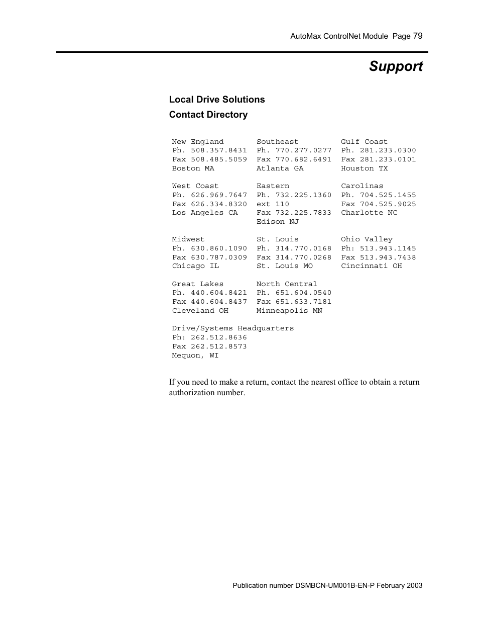 Support, Support 79 | Rockwell Automation AutoMax ControlNet Communication Interface Module User Manual | Page 79 / 80