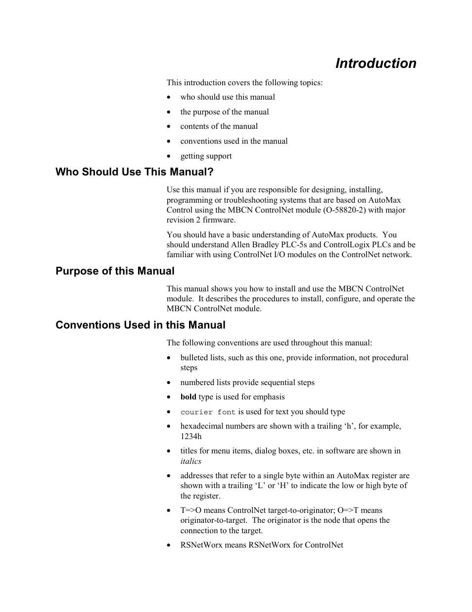 Introduction, Who should use this manual, Purpose of this manual | Conventions used in this manual, Introduction 9 | Rockwell Automation AutoMax ControlNet Communication Interface Module User Manual | Page 9 / 80