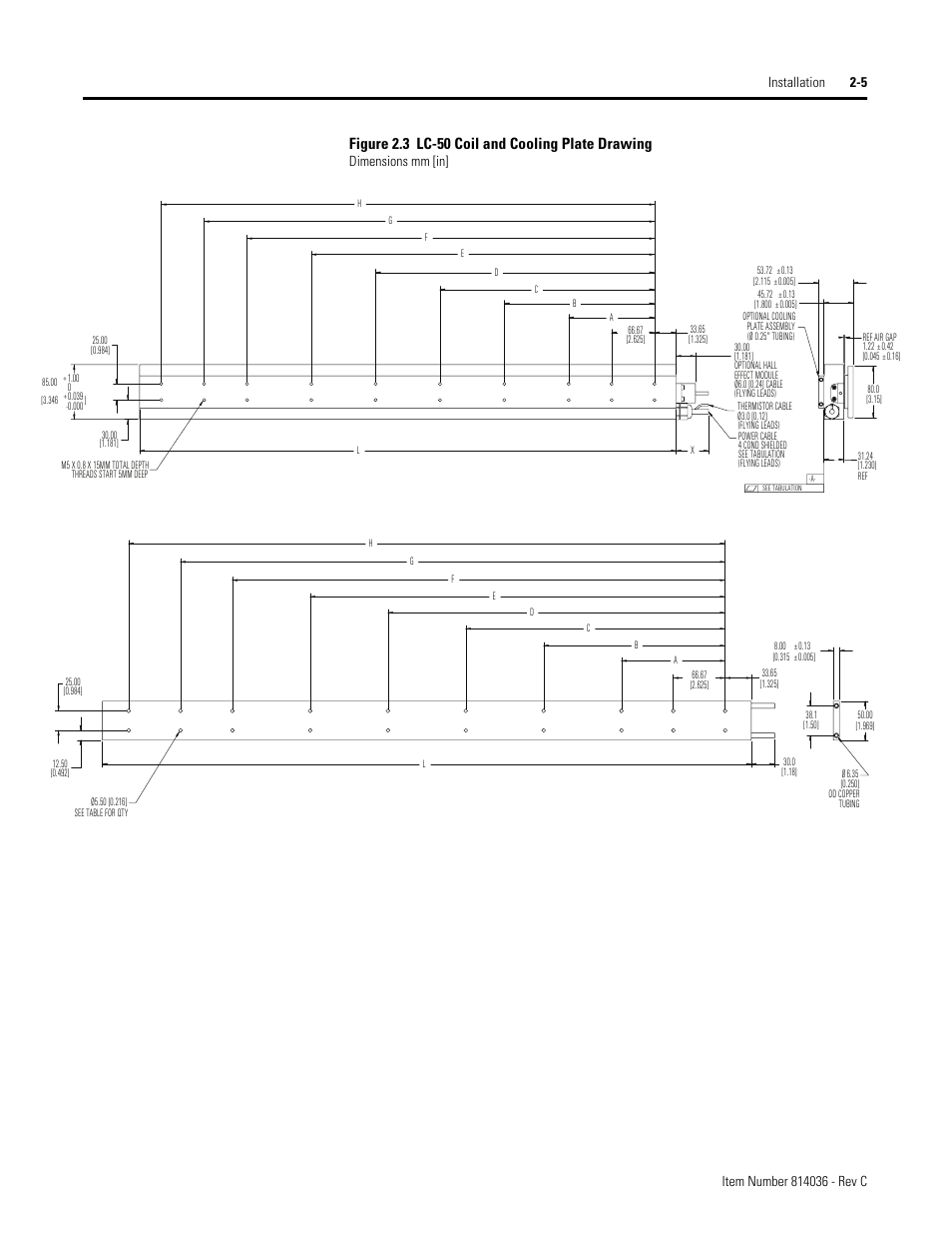 Figure 2.3 lc-50 coil and cooling plate drawing, Dimensions mm [in | Rockwell Automation LC-Series Linear Motor User Manual | Page 11 / 40