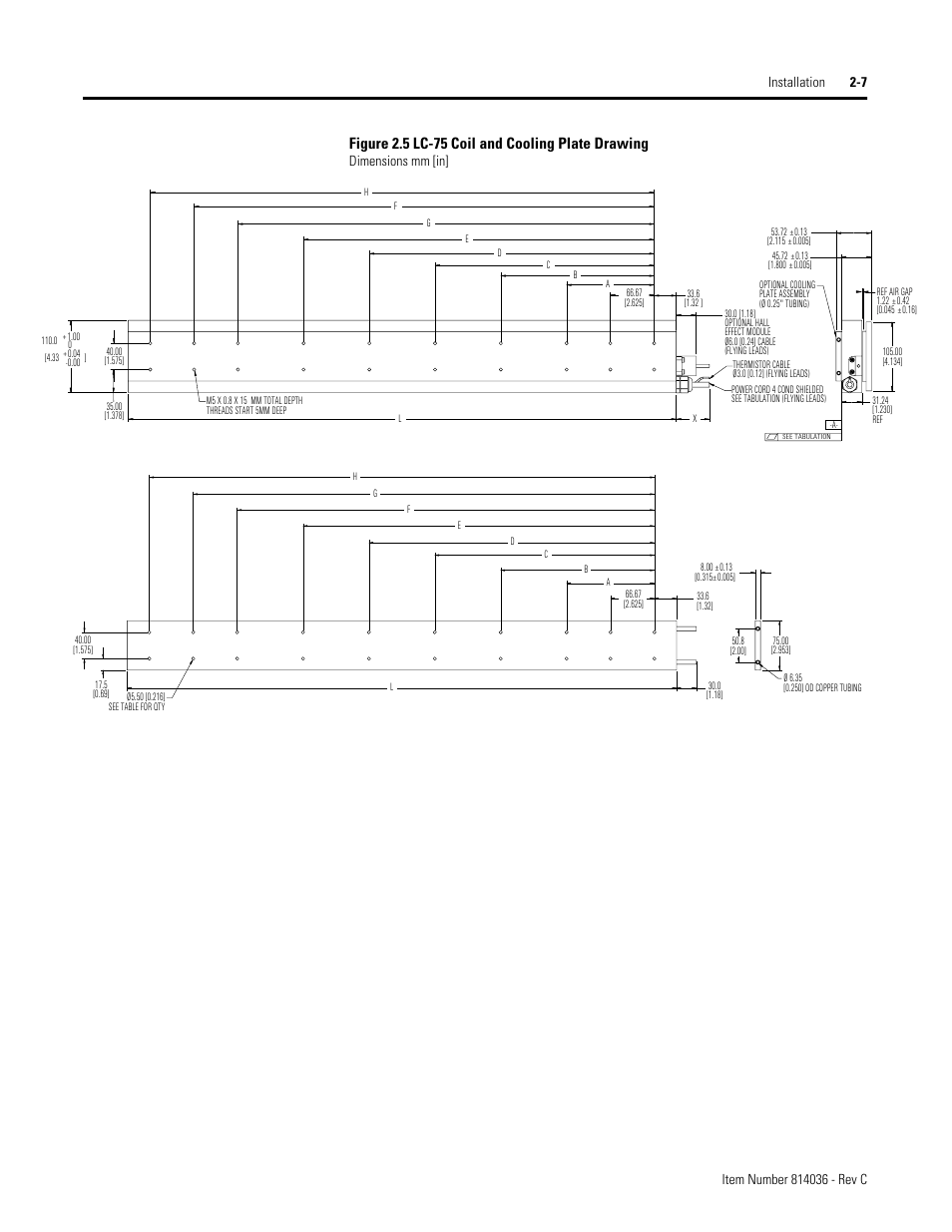 Figure 2.5 lc-75 coil and cooling plate drawing, Dimensions mm [in | Rockwell Automation LC-Series Linear Motor User Manual | Page 13 / 40