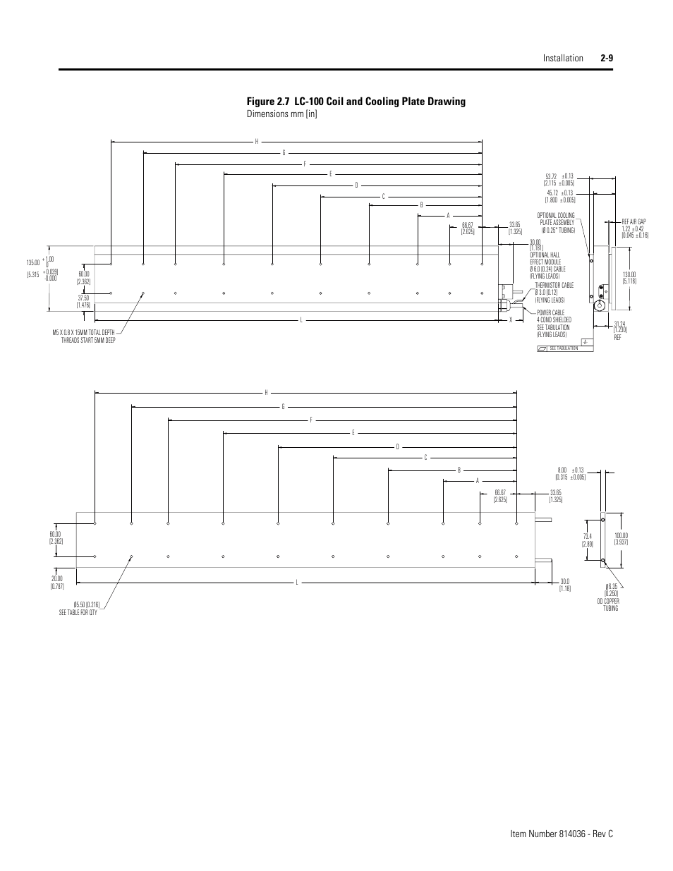 Figure 2.7 lc-100 coil and cooling plate drawing, Dimensions mm [in | Rockwell Automation LC-Series Linear Motor User Manual | Page 15 / 40