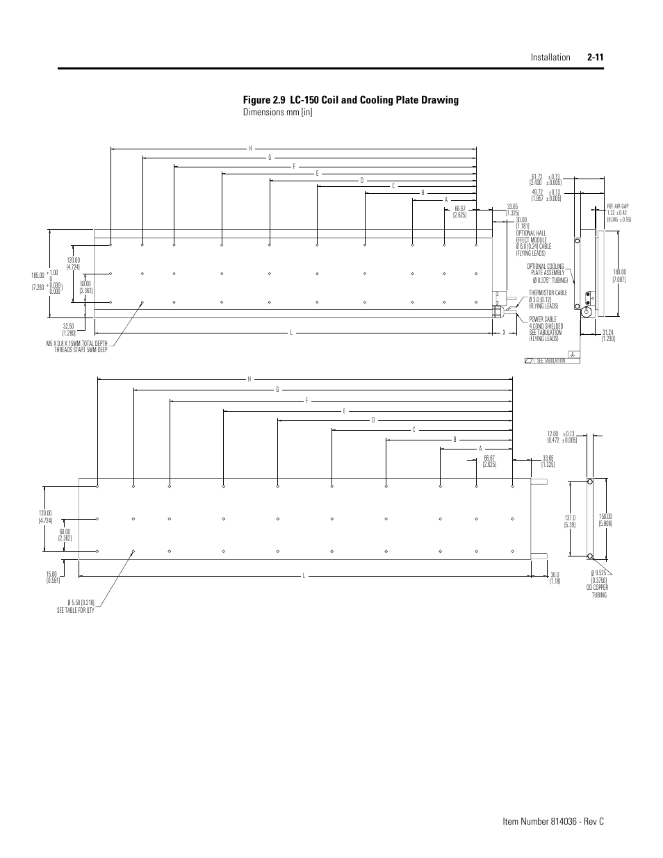 Figure 2.9 lc-150 coil and cooling plate drawing, Dimensions mm [in | Rockwell Automation LC-Series Linear Motor User Manual | Page 17 / 40