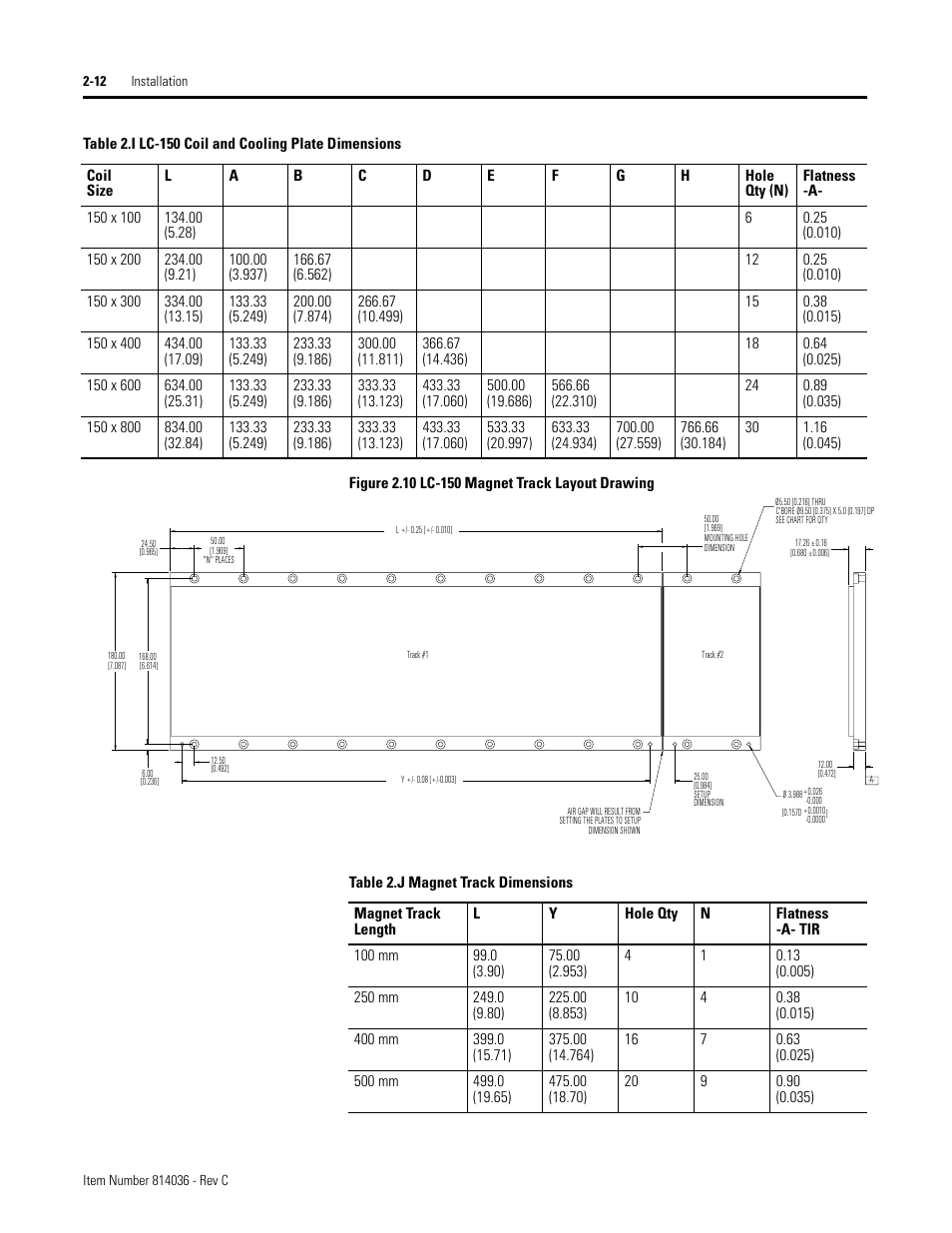 Table 2.i lc-150 coil and cooling plate dimensions, Figure 2.10 lc-150 magnet track layout drawing, Table 2.j magnet track dimensions | Rockwell Automation LC-Series Linear Motor User Manual | Page 18 / 40