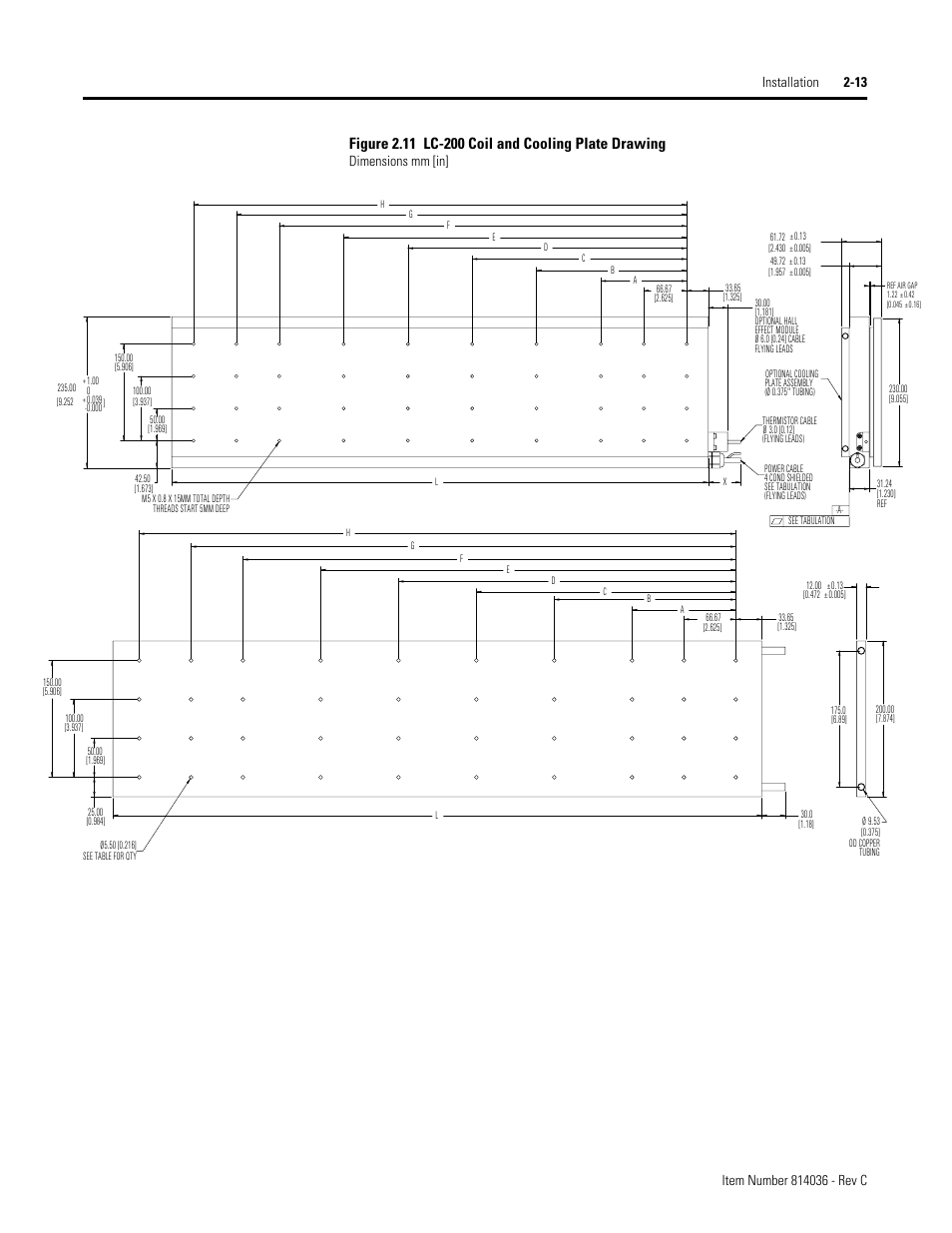 Figure 2.11 lc-200 coil and cooling plate drawing, Dimensions mm [in | Rockwell Automation LC-Series Linear Motor User Manual | Page 19 / 40