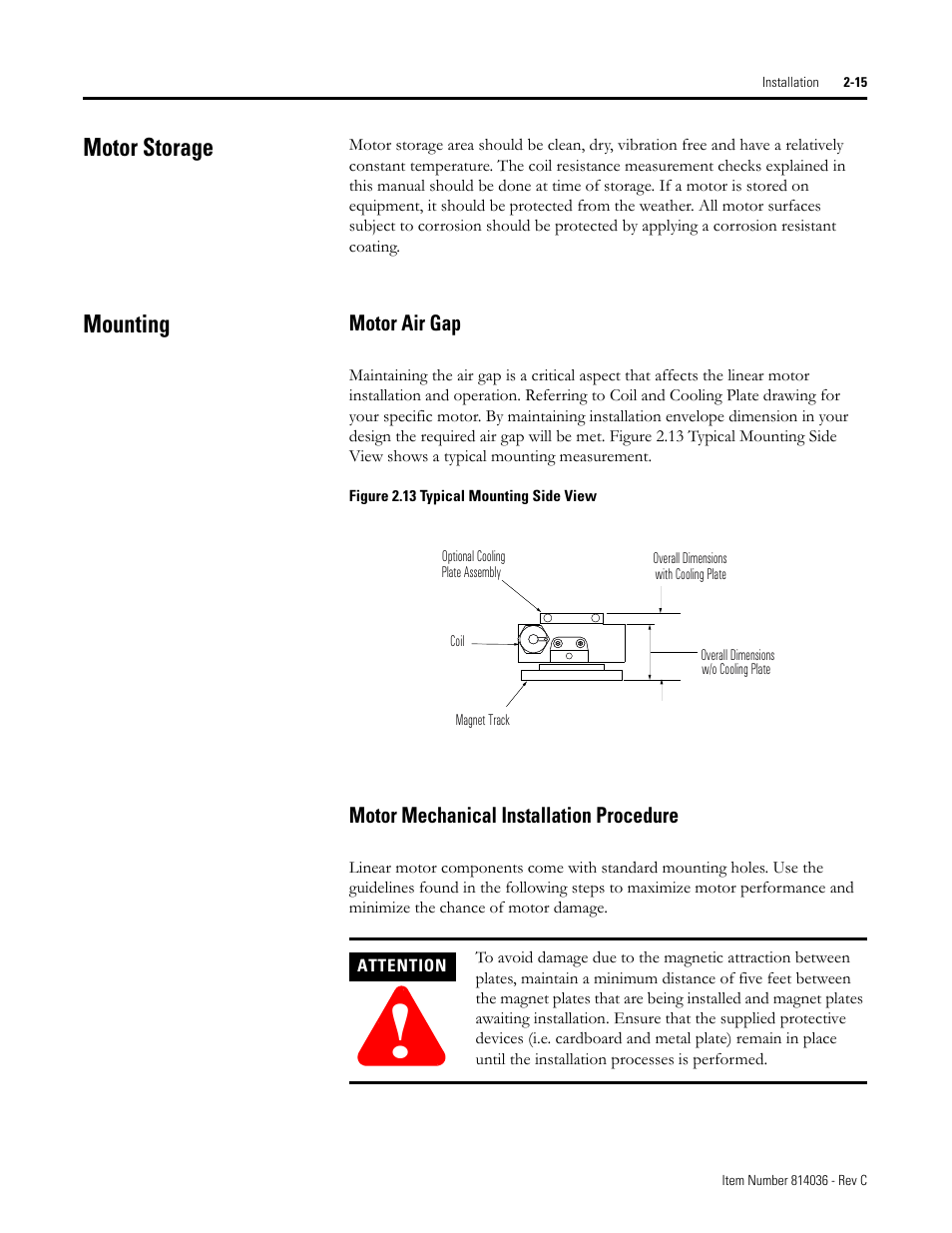 Motor storage, Mounting, Motor air gap | Figure 2.13 typical mounting side view, Motor mechanical installation procedure, Motor storage -15 mounting -15 | Rockwell Automation LC-Series Linear Motor User Manual | Page 21 / 40