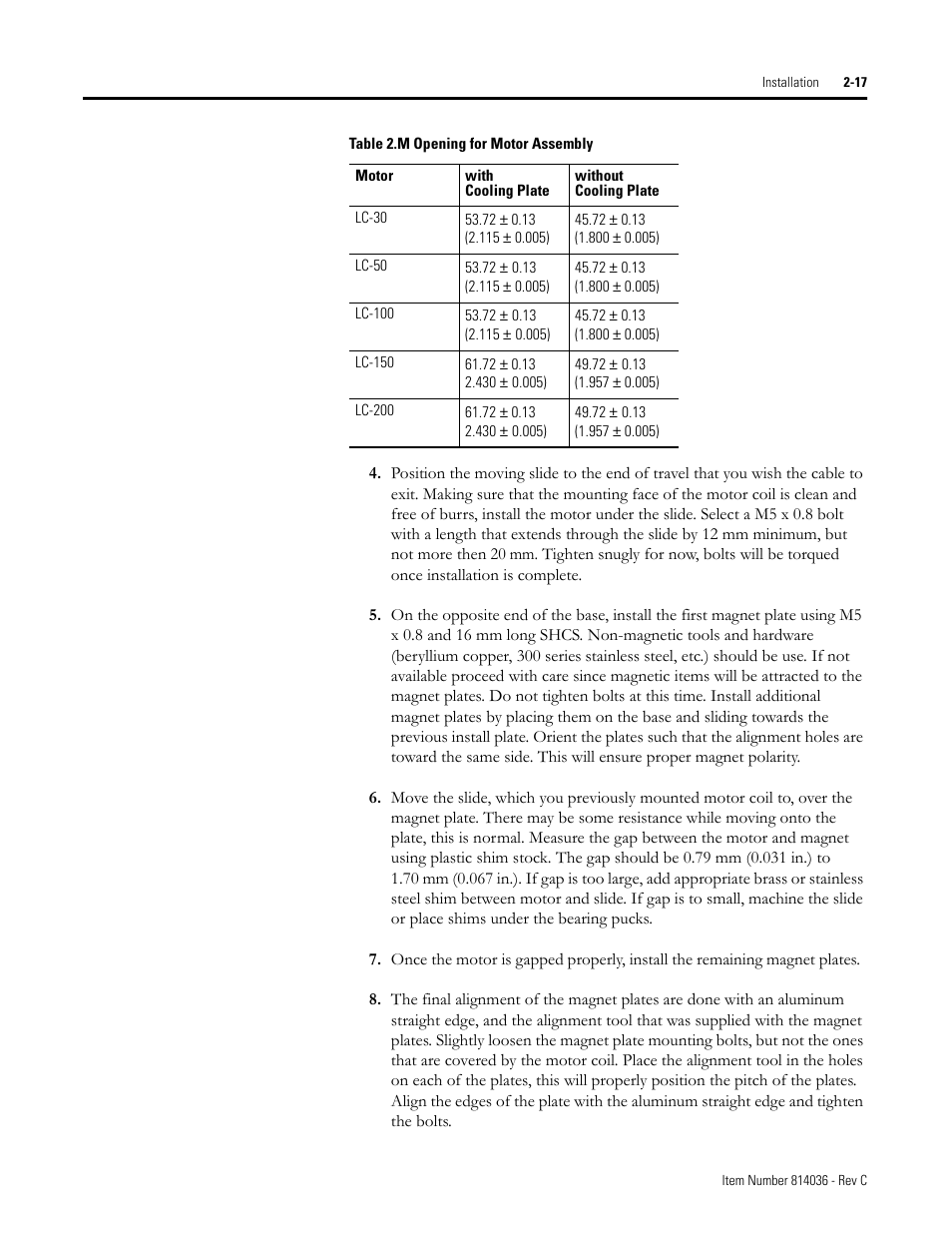 Table 2.m opening for motor assembly | Rockwell Automation LC-Series Linear Motor User Manual | Page 23 / 40