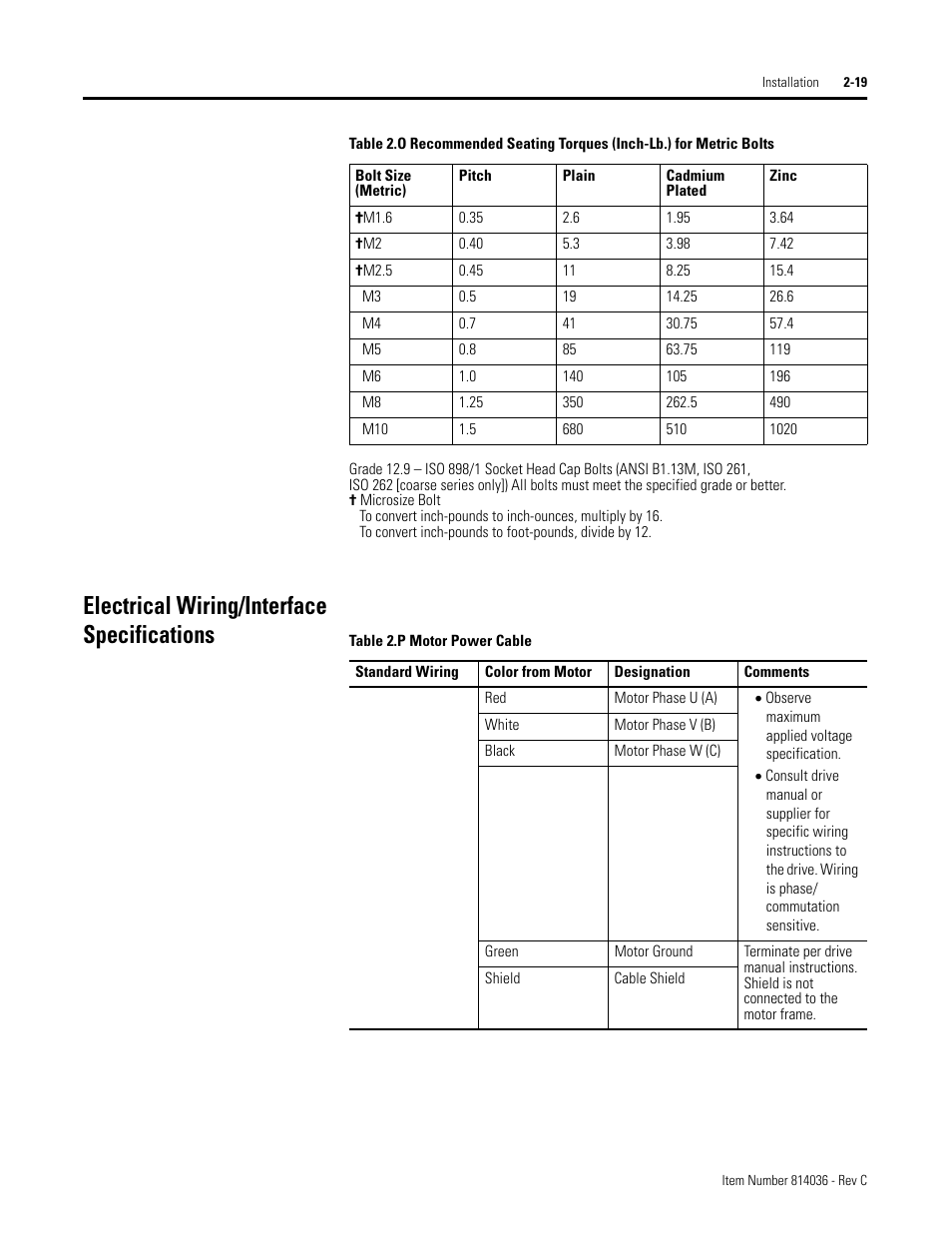 Electrical wiring/interface specifications, Table 2.p motor power cable, Electrical wiring/interface specifications -19 | Rockwell Automation LC-Series Linear Motor User Manual | Page 25 / 40