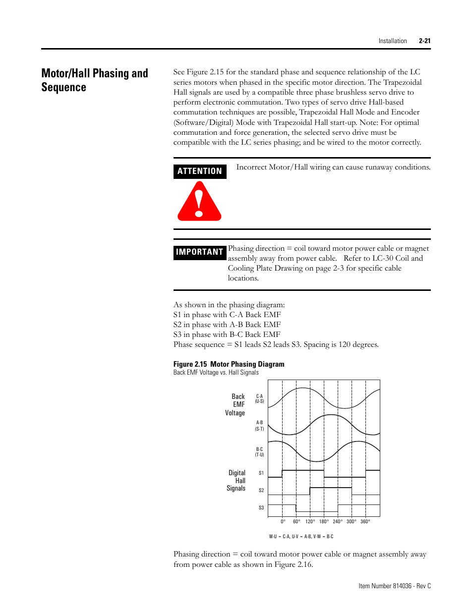 Motor/hall phasing and sequence, Figure 2.15 motor phasing diagram, Motor/hall phasing and sequence -21 | Rockwell Automation LC-Series Linear Motor User Manual | Page 27 / 40