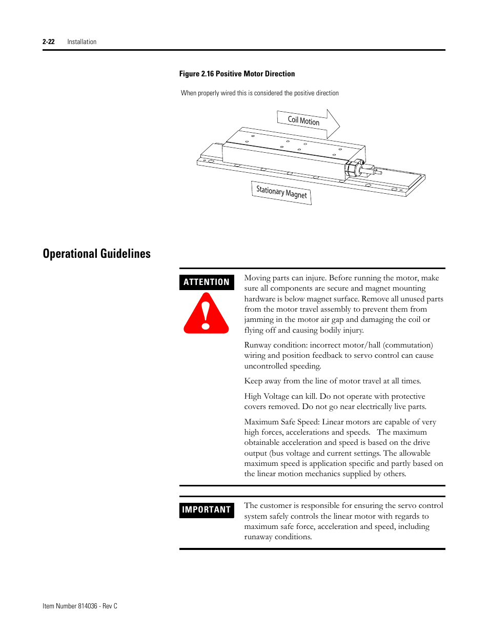 Figure 2.16 positive motor direction, Operational guidelines, Operational guidelines -22 | Rockwell Automation LC-Series Linear Motor User Manual | Page 28 / 40