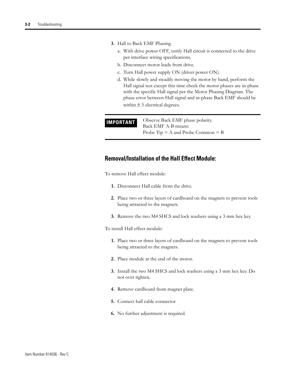 Removal/installation of the hall effect module, Removal/installation of the hall effect module: -2 | Rockwell Automation LC-Series Linear Motor User Manual | Page 32 / 40