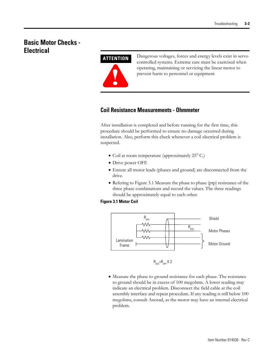 Basic motor checks - electrical, Coil resistance measurements - ohmmeter, Figure 3.1 motor coil | Basic motor checks - electrical -3, Coil resistance measurements - ohmmeter -3 | Rockwell Automation LC-Series Linear Motor User Manual | Page 33 / 40