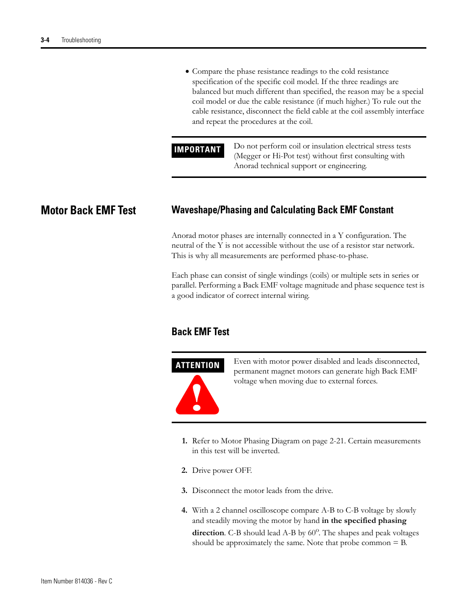 Motor back emf test, Back emf test, Motor back emf test -4 | Rockwell Automation LC-Series Linear Motor User Manual | Page 34 / 40