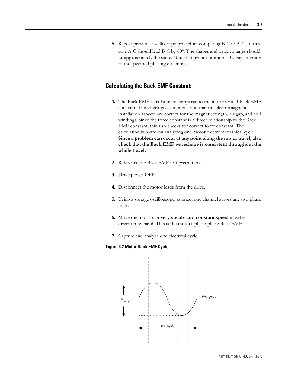 Calculating the back emf constant, Figure 3.2 motor back emf cycle, Calculating the back emf constant: -5 | Rockwell Automation LC-Series Linear Motor User Manual | Page 35 / 40