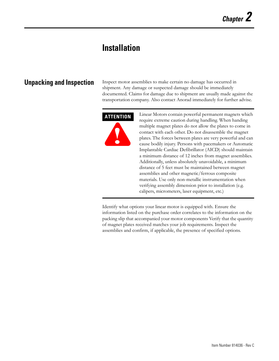 Chapter 2, Installation, Unpacking and inspection | Unpacking and inspection -1 | Rockwell Automation LC-Series Linear Motor User Manual | Page 7 / 40