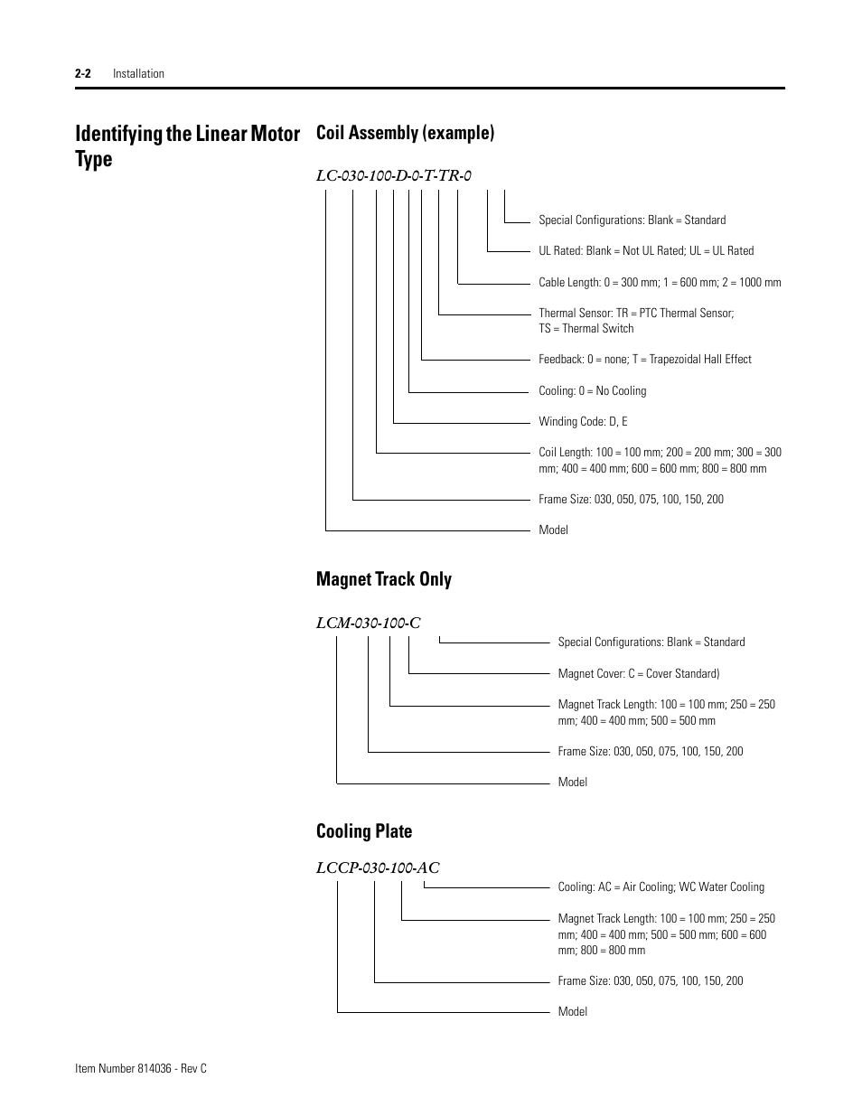 Identifying the linear motor type, Coil assembly (example), Magnet track only | Cooling plate, Identifying the linear motor type -2 | Rockwell Automation LC-Series Linear Motor User Manual | Page 8 / 40