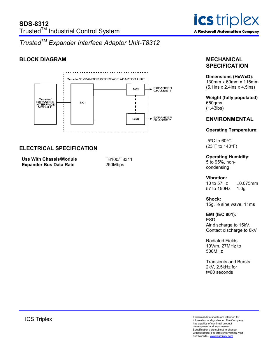 Block diagram, Electrical specification, Sds-8312 trusted | Industrial control system trusted, Expander interface adaptor unit-t8312 | Rockwell Automation T8312 Trusted Expander Interface Adaptor Unit User Manual | Page 2 / 2