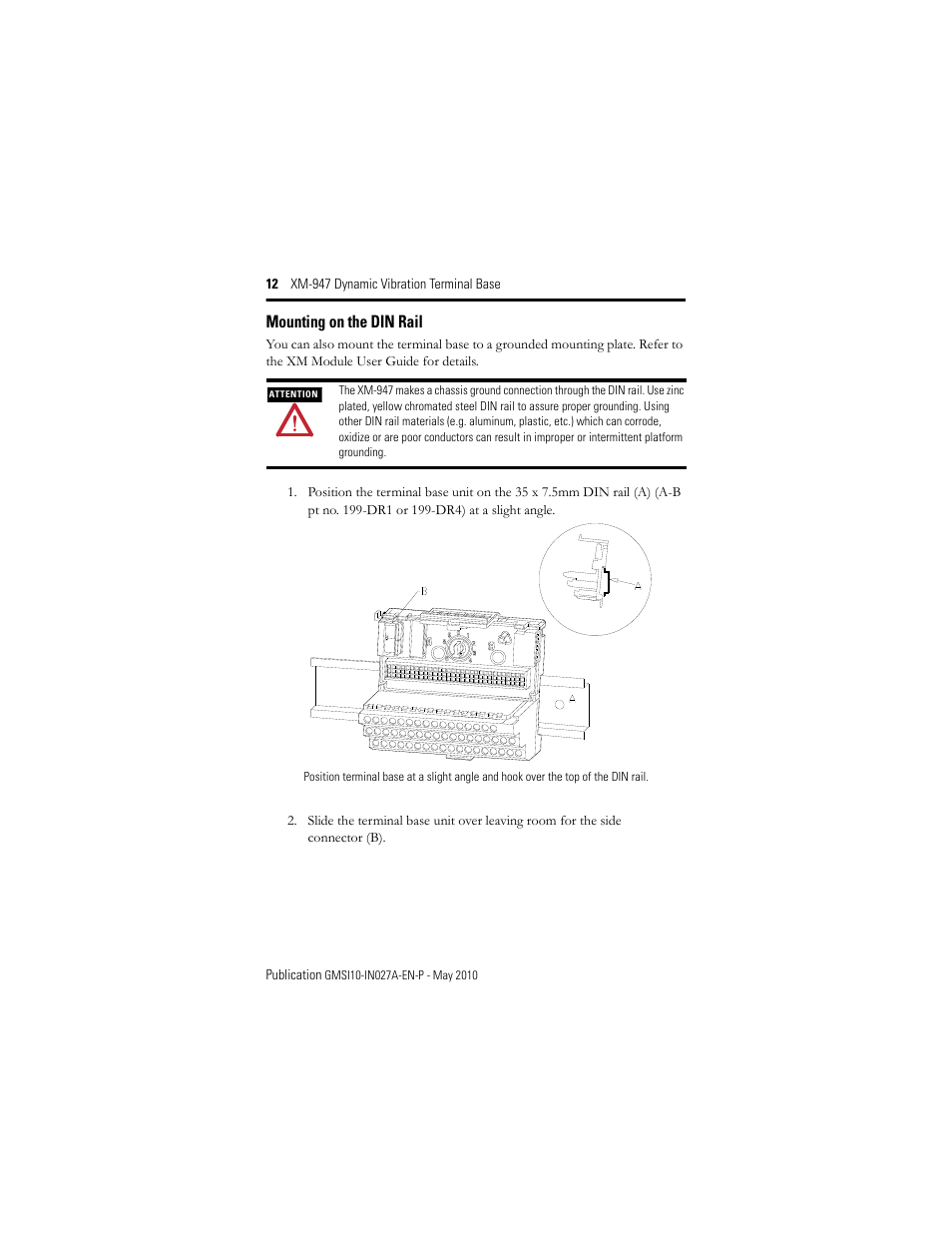 Mounting on the din rail | Rockwell Automation 1440-TB-H XM-947 Dynamic Vibration Terminal Base User Manual | Page 12 / 24