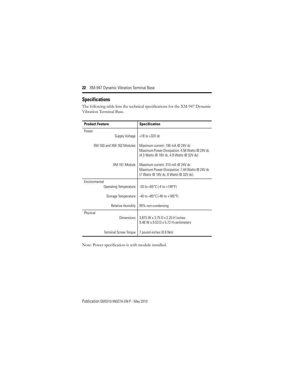 Specifications | Rockwell Automation 1440-TB-H XM-947 Dynamic Vibration Terminal Base User Manual | Page 22 / 24