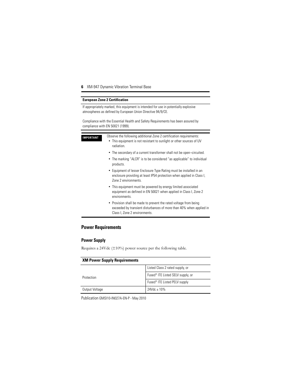Power requirements | Rockwell Automation 1440-TB-H XM-947 Dynamic Vibration Terminal Base User Manual | Page 6 / 24