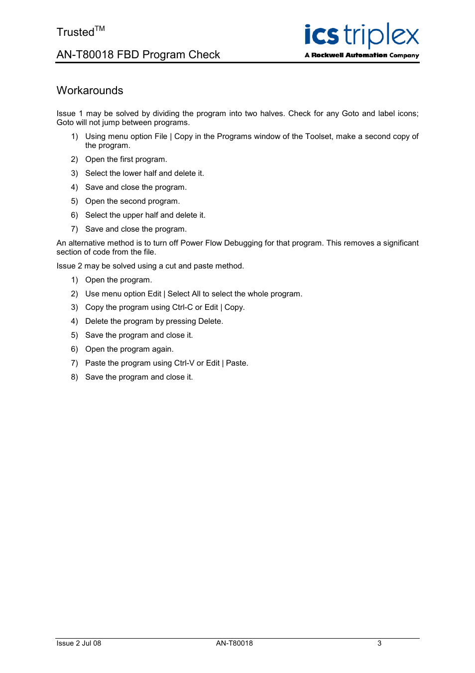 Workarounds, Trusted | Rockwell Automation T80018 Application Note Function Block Diagram Program Check User Manual | Page 3 / 4