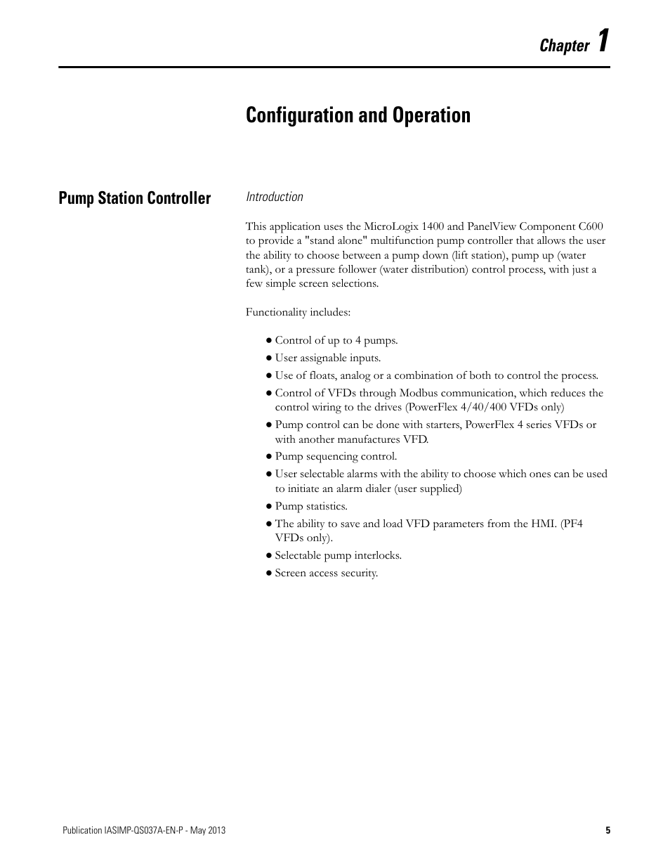 Configuration and operation, Pump station controller, Chapter 1 | Chapter | Rockwell Automation 1766-L32 Pump Station Controller Quick Start User Manual | Page 7 / 52