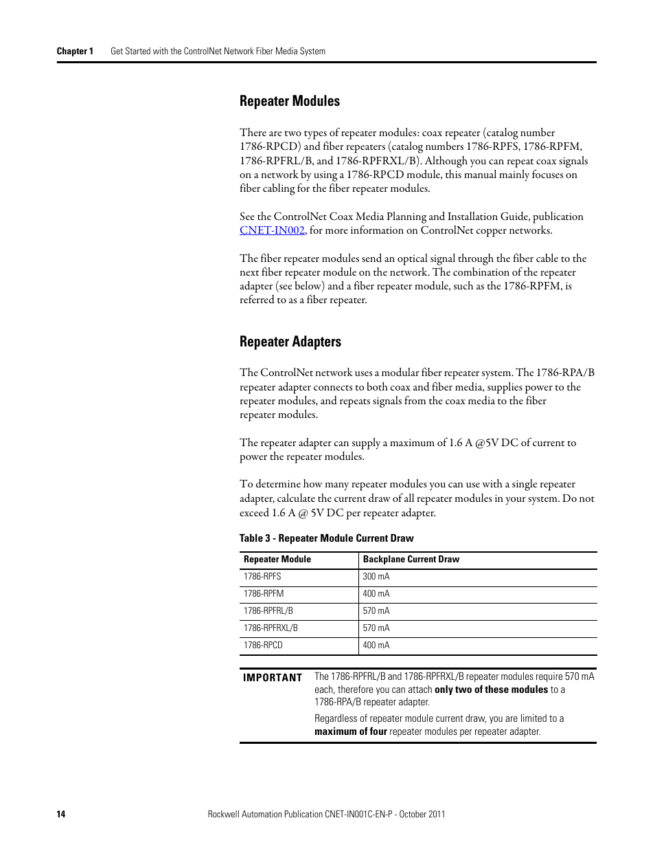 Repeater modules repeater adapters, Repeater modules, Repeater adapters | Rockwell Automation 1786-series ControlNet Fiber Media Planning and Installation Guide User Manual | Page 14 / 88