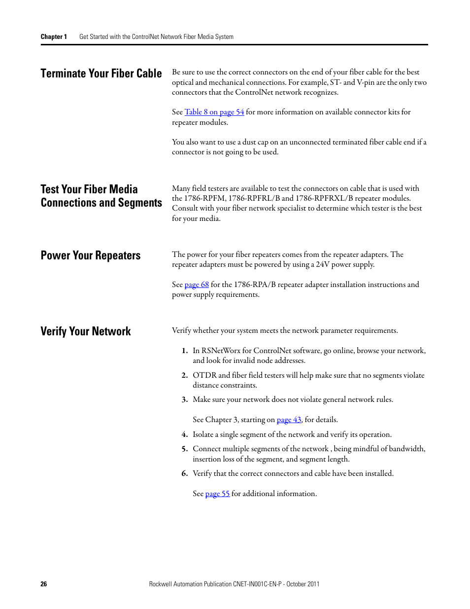 Terminate your fiber cable, Test your fiber media connections and segments, Power your repeaters | Verify your network | Rockwell Automation 1786-series ControlNet Fiber Media Planning and Installation Guide User Manual | Page 26 / 88