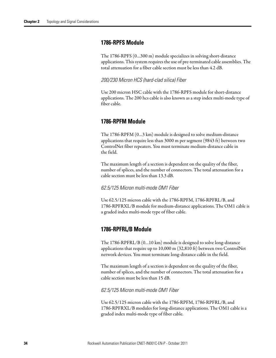 1786-rpfs module, 1786-rpfm module, 1786-rpfrl/b module | Rockwell Automation 1786-series ControlNet Fiber Media Planning and Installation Guide User Manual | Page 34 / 88
