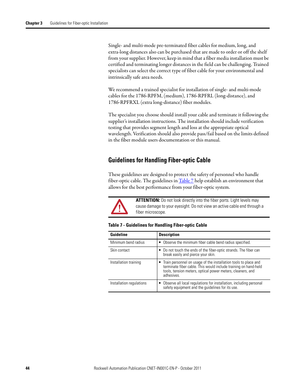 Guidelines for handling fiber-optic cable | Rockwell Automation 1786-series ControlNet Fiber Media Planning and Installation Guide User Manual | Page 44 / 88