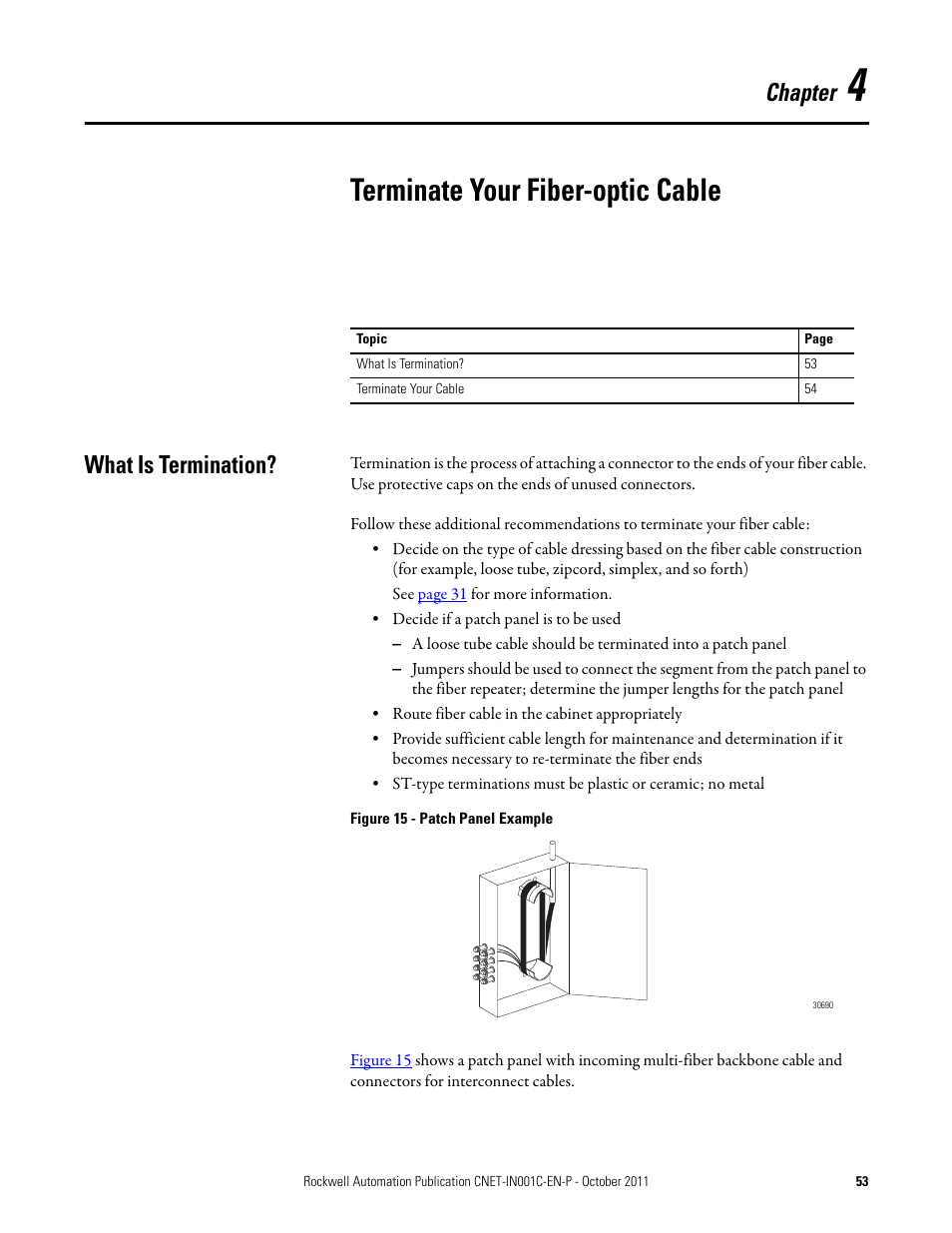 4 - terminate your fiber-optic cable, What is termination, Chapter 4 | Terminate your fiber-optic cable, Chapter | Rockwell Automation 1786-series ControlNet Fiber Media Planning and Installation Guide User Manual | Page 53 / 88