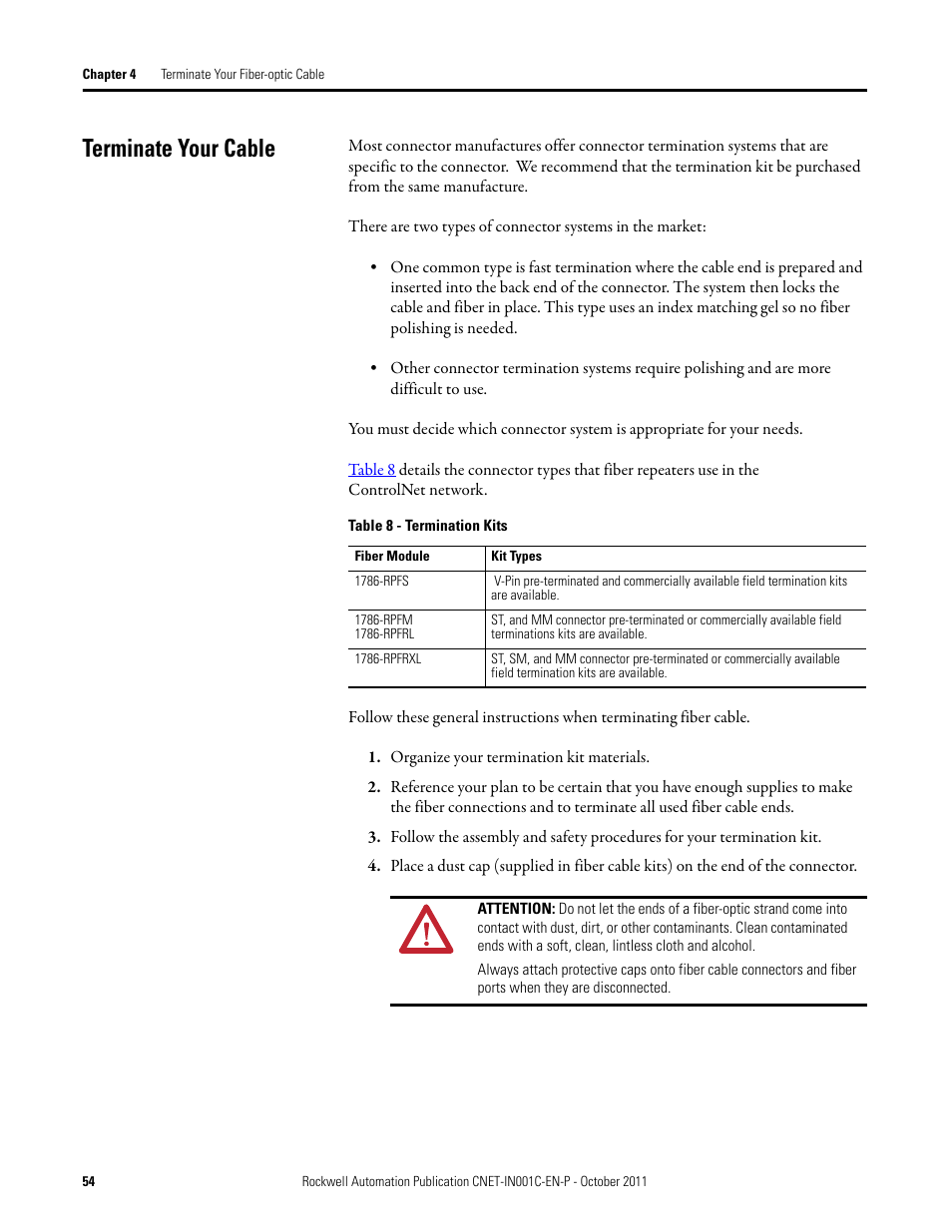 Terminate your cable | Rockwell Automation 1786-series ControlNet Fiber Media Planning and Installation Guide User Manual | Page 54 / 88