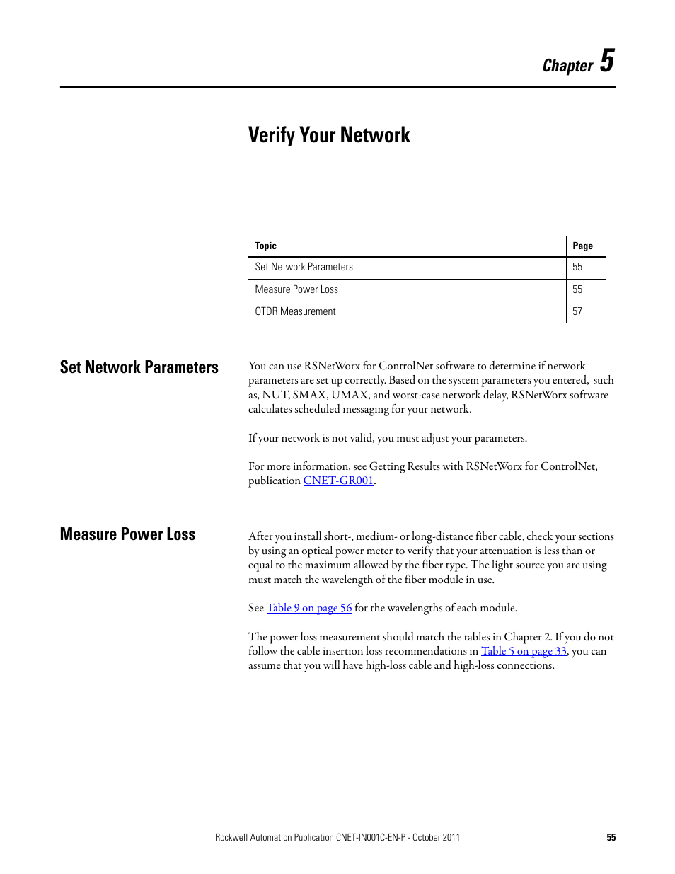 5 - verify your network, Set network parameters, Measure power loss | Chapter 5, Verify your network, Set network parameters measure power loss, Chapter | Rockwell Automation 1786-series ControlNet Fiber Media Planning and Installation Guide User Manual | Page 55 / 88