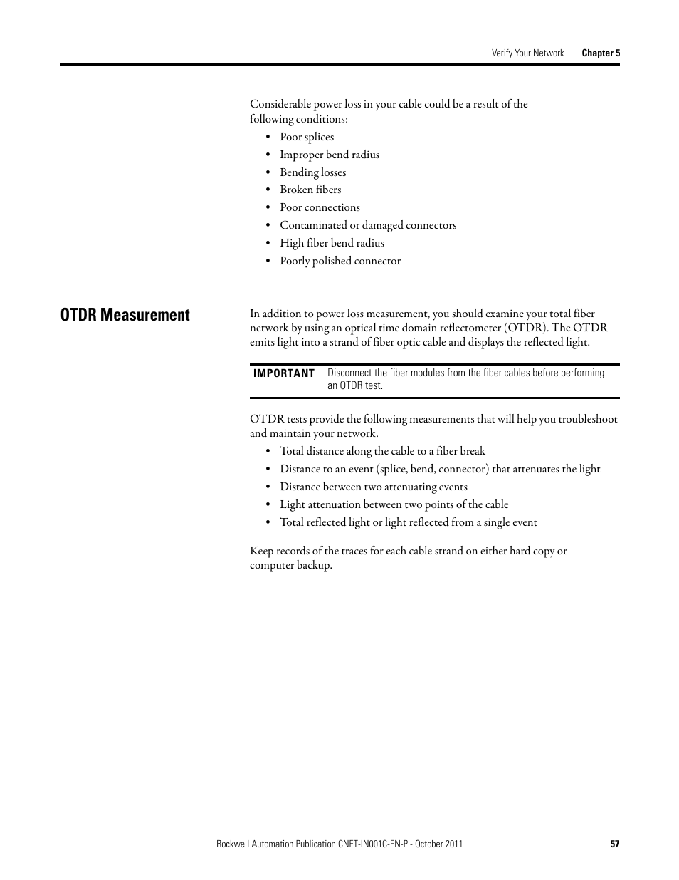 Otdr measurement | Rockwell Automation 1786-series ControlNet Fiber Media Planning and Installation Guide User Manual | Page 57 / 88